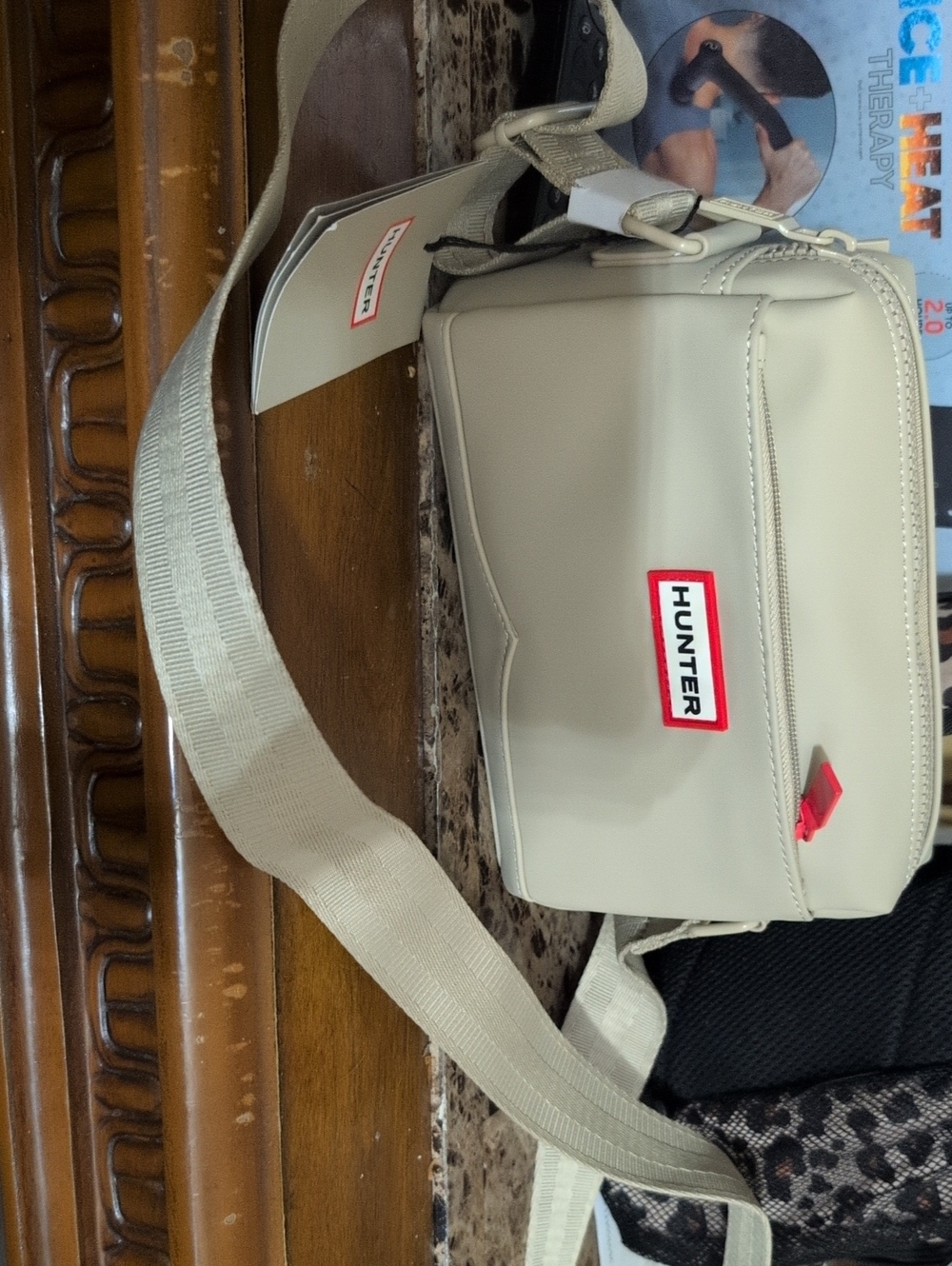 Hunter Beige Crossbody Belt Bag with Red Logo Accents
